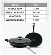 KLASSIC NonStick Wok Short Handle 24cm with Lid + Pizza / Paratha Pan Mini Cookware Kitchen Set